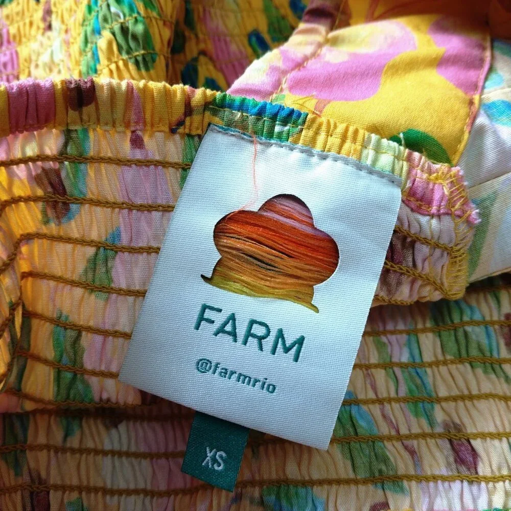 FARM Rio XS Mini Cashew Smocked Puff Sleeve Peplum Tropical Boho Top Blouse